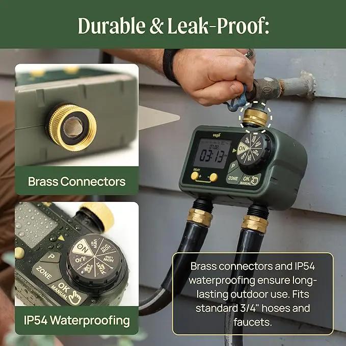 Vego 2 Zone Sprinkler Timer with Brass Inlet- Watering Timer for Garden Hose with Dual Channel Programmable Rain Delay/Manual Watering/Automatic Irrigation - Water Hose Timer for Yard Lawn by GreenHaven Gardens