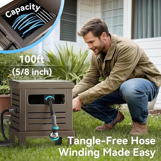 Hose Reel, Heavy Duty Hose Reel Box Hideaway Holds 100 ft x 5/8" Hose, Never-Leak System, Manual Crank Handle, Hose Guide, Stable Foot Pedal, Ideal for Yards, Patios, and Garden Sheds by GreenHaven Gardens