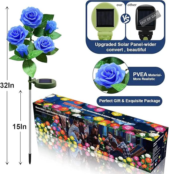 Solar Flower Lights Outdoor - Upgraded New Material Two Modes Realistic LED Solar Powered Waterproof Lights with 5 Roses, Solar Decorative Stake for Garden (Blue, 2 Pack) by GreenHaven Gardens