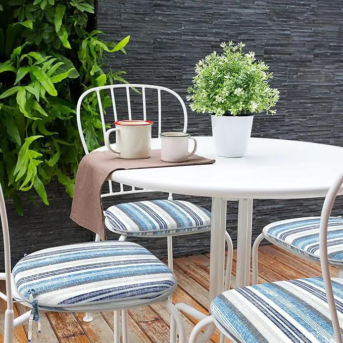 Indoor/Outdoor Chair Cushions 16x17 Inch, Patio Chair Cushions with Ties, All Weather Seat Cushions for Patio Furniture Home Garden Chair Use, Set of 2, Stripe Layered Blue by GreenHaven Gardens