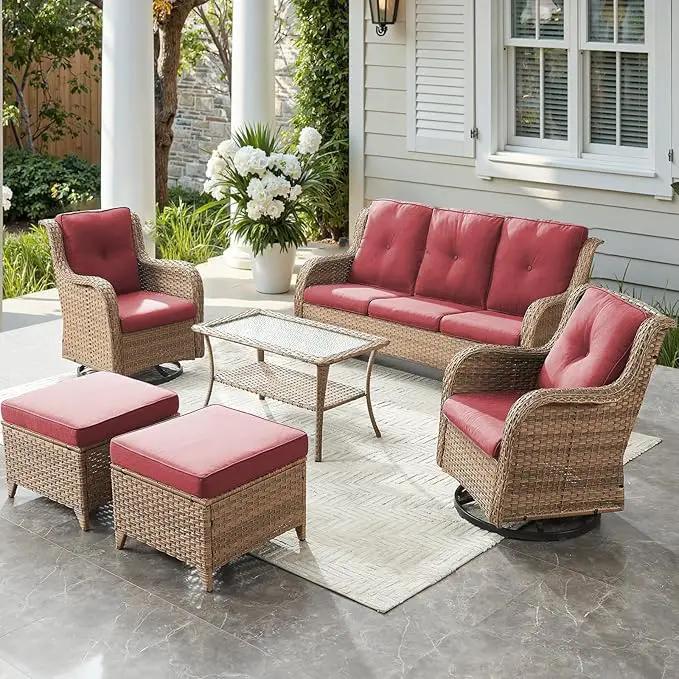 Outdoor Wicker Patio Furniture Set - 6 Piece Rattan Patio Conversation Set with 2 Rocking Swivel Chairs,2 Ottomans,1 Sofa and 1 Coffee Table for Porch Deck Backyard Garden(Yellow/Red) by GreenHaven Gardens