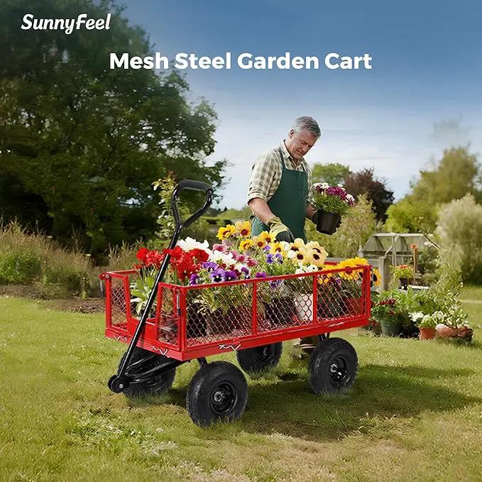 SUNNYFEEL 900 Lbs Capacity Heavy Duty Mesh Steel Garden Cart,Folding Utility Wagon with Removable Sides,10 Inch Flat Free Tires, Red by GreenHaven Gardens