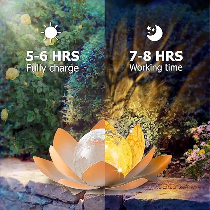 Huaxu Solar Lights Outdoor Garden Decoration Crackle Globe Glass Waterproof LED Metal Peach Lotus Flowers Gift for Mom,Women,Patio,Lawn,Walkway,Tabletop,Ground by GreenHaven Gardens