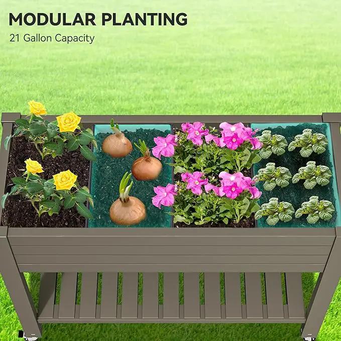 YITAHOME 43.3x17.7x34 in Elevated Garden Bed, Outdoor Plastic Planter Box with Wheels, Legs, Drain Plug, and Storage Shelf for Plants, Vegetables, Flowers, Herbs, Light Brown by GreenHaven Gardens