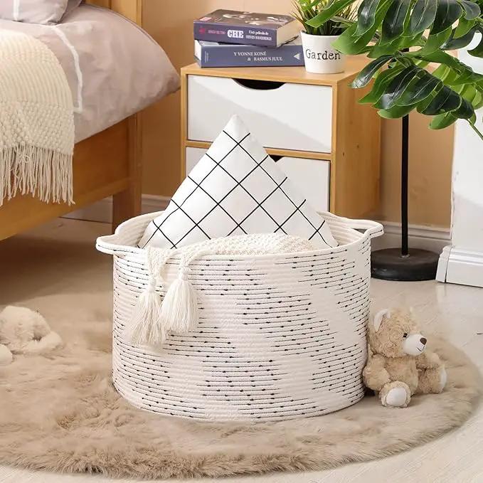 KAKAMAY Large Blanket Basket (20"x13"),Woven Baskets for storage Baby Laundry Hamper，Cotton Rope Blanket Basket for Living Room, Laundry, Nursery, Pillows, Off White with Blue & Brown Dotted Pattern by GreenHaven Gardens