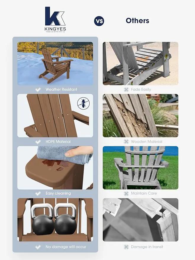 KINGYES Folding Adirondack Chair, Dual Cup Holders & All-Weather HDPE, Wood-Like Patio Chair, Brown by GreenHaven Gardens