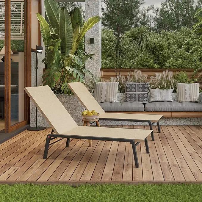 Patio Chaise Lounge Set of 2 with 4 Adjustable Backrest, Foldable Aluminum Chaise Lounge Chair Recliner for Outdoor, Poolside, Sun Tanning Flaxen by GreenHaven Gardens