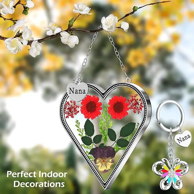 KY&BOSAM Heart Suncatcher Nana Gift for Nana Stain Glass Wind Chime for Window Pressed Flower Between Heart Glass Metal Engraved Charm Gift for Mother's Day Valentine's Birthday Thanksgiving Christmas by GreenHaven Gardens