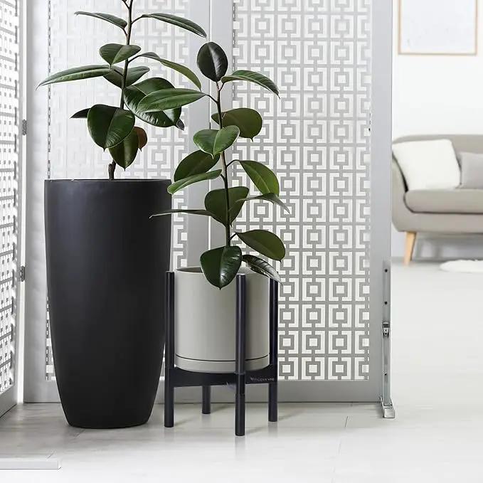 D'vine Dev Ceramic Planter with Ebony Stand - 10 Inch Modern Round Flower Pot with Wood Planter Holder, Grey, 55-B-L-3