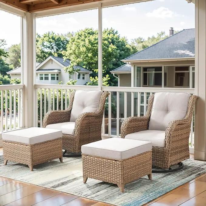 4 Pieces Patio Furniture Sets, Wicker Patio Swivel Glider Chair with Ottomans, Outdoor Furniture Set for Outside Porch, Deck, Balcony, Garden, Yellow by GreenHaven Gardens