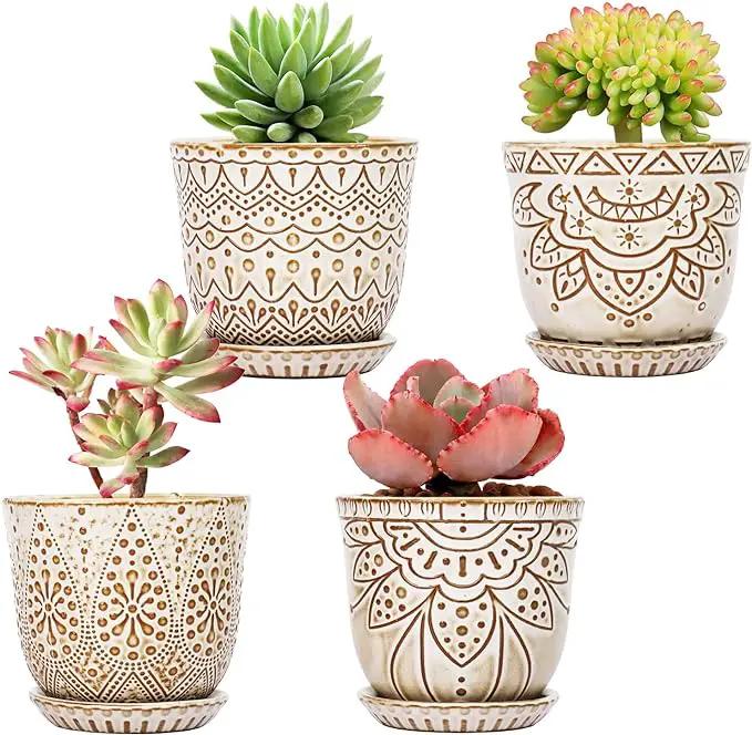 Gepege Succulent Pots, 4 Inch Small Indoor Ceramic Planter Pot with Drainage Holes and Saucers for Plants- Creamy White - Set of 4 by GreenHaven Gardens