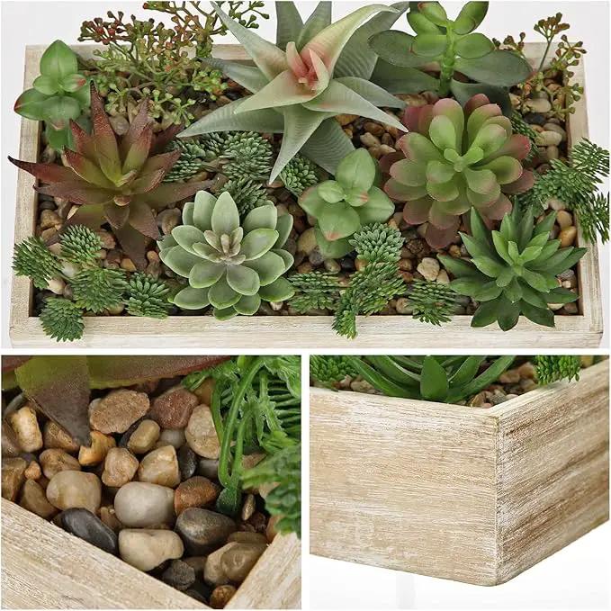 Artificial Succulent Plants in Pot 10 Inch Fake Succulent Arrangement Potted Succulents Plants Centerpiece in Rectangular Wooden Planter for Home Office Desk Shelf Living Room Bedroom Farmhouse Decor by GreenHaven Gardens