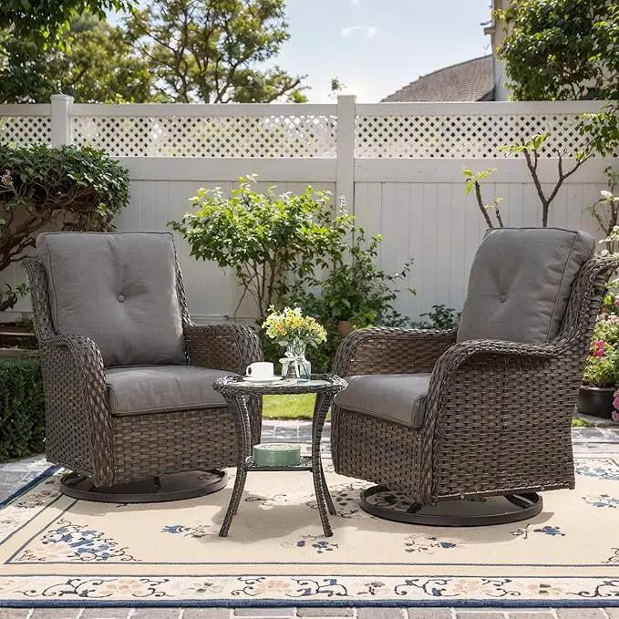 Patio Furniture Set Swivel Rcoker - 3 Pieces Outdoor Glider Rocking Chairs with Small Side Table, Wicker Chair Sets for Porch, Balcony and Garden by GreenHaven Gardens