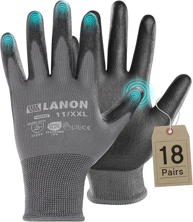 LANON 18 Pairs Safety Work Gloves, Mechanic Working Gloves for Men,Breathable PU Coated, Seamless Knit,Double Wash, Grey, XXL by GreenHaven Gardens