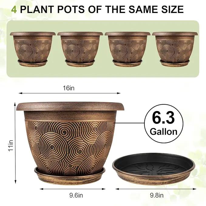 16 Inch Large Planter Pot for Plants Indoor Outdoor, 4 Pack Plastic Flower Pots with Drainage Hole & Tray, Modern Decorative Garden Pot with Saucer, Plant Container for House by GreenHaven Gardens