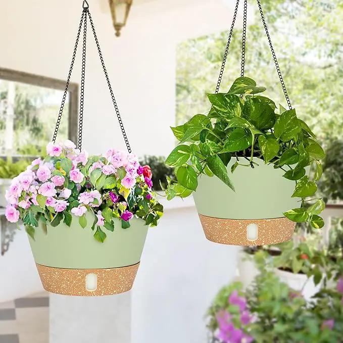 QCQHDU 2 Pack 8 inch Hanging Planters for Indoor Plants, Outdoor Hanging Baskets, Self Watering Pots with Drainage Holes & Removable Tray (Green, 8 inch) by GreenHaven Gardens