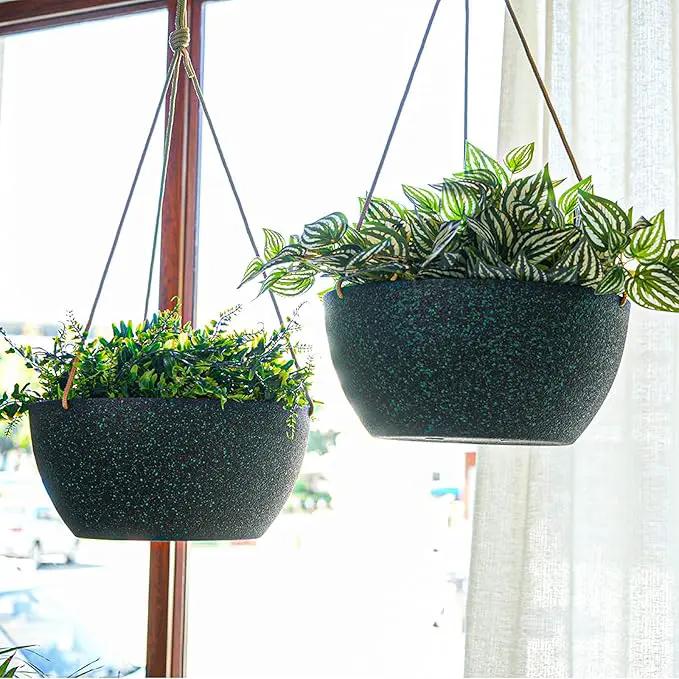 13 Inch 2 Pack Large Hanging Planters for Indoor Outdoor Plants, Plastic Hanging Basket Pots for House Plants Flowers, Black Speckles by GreenHaven Gardens