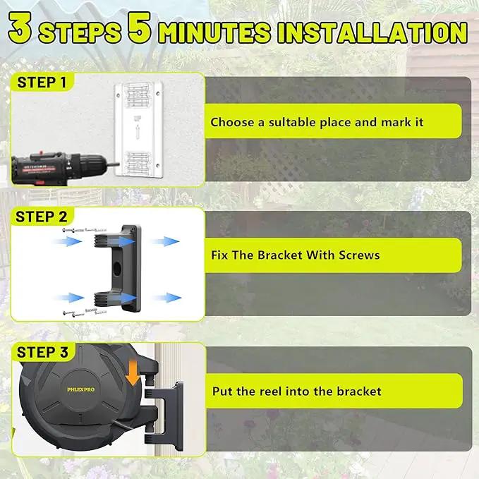 Retractable Garden Hose Reel 160Ft Extra Long, PHLEX PRO Heavy Duty Automatic Water Hose Reel Wall Mounted with 10 Pattern Nozzle, Any Length Lock, Slow Return System, 180°Swivel Bracket by GreenHaven Gardens