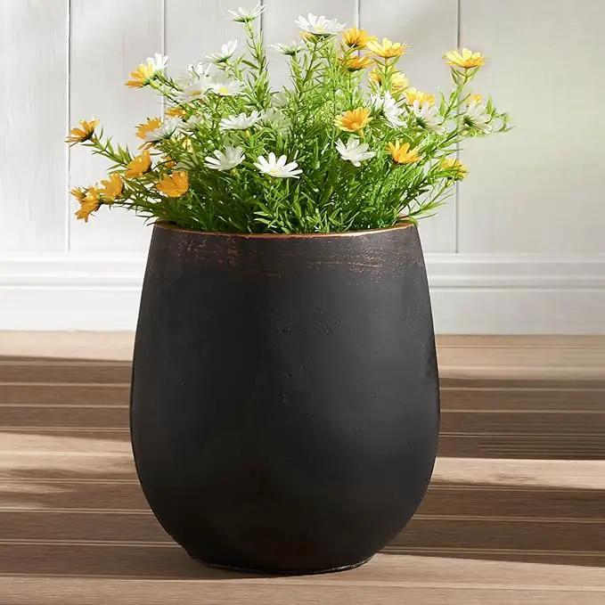 15.5" H Outdoor Concrete Planter, Round Flower Pot with Drainage Hole and Silicone Plug, Plant Container for Garden, Patio, Home, Office, Black, Copper Rim, 1 Pack by GreenHaven Gardens