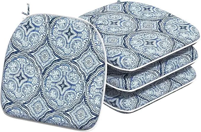 Indoor/Outdoor Chair Cushions 16x17 Inch, Patio Chair Cushions with Ties, All Weather Seat Cushions for Patio Furniture Home Garden Chair Use, Set of 4,Medallion Blue by GreenHaven Gardens