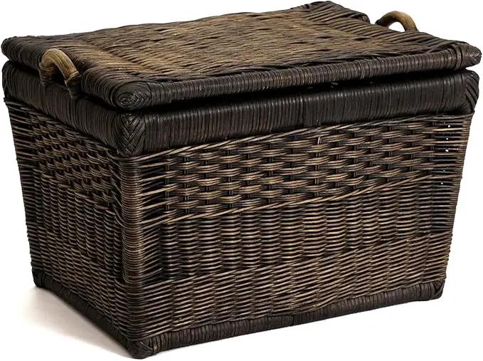 The Basket Lady Lift-Off Lid Wicker Storage Basket, Medium, 20 in L x 15 in W x 14 in H, Antique Walnut Brown by GreenHaven Gardens