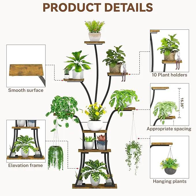 64" Tall 8 Tiered Plant Stand Indoor with Grow lights Large Tree Shape Decorative Rack Plant Pot Holder Gardening for Living Room Corner Black by GreenHaven Gardens