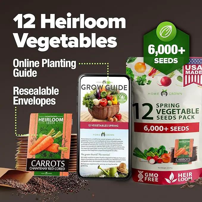 HOME GROWN 6000 Vegetable Seeds for Planting: 12 Spring Varieties of Garden Vegetables in Seed Packets, Garden Seeds for Garden Plants or Hydroponic Seeds - Heirloom Seeds - Non GMO by GreenHaven Gardens