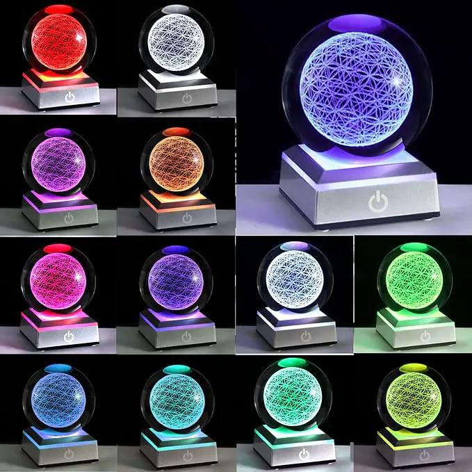 Qianwei Flower of Life Crystal Sphere with Led Colorful Lighting Touch Base, Sacred Geometry Crystal Ball Starlight Magic, Feng Shui Decor Laser Engraved Seek of Flower Inside A Sphere by GreenHaven Gardens