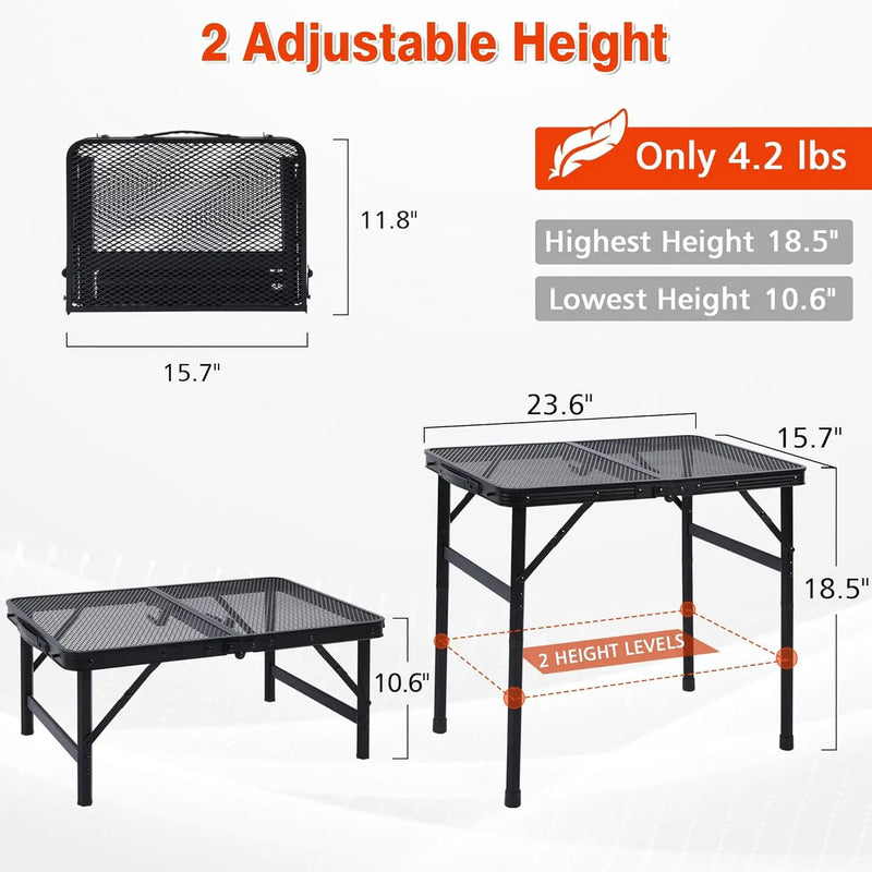 Camping Table, 2x1.3 FT Portable Folding Grill Table, Lightweight Height Adjustable Metal Tables with Mesh Desktop and Mesh Bag, Outdoor Tables for Camping, Picnic, Beach and BBQ, Black by GreenHaven Gardens