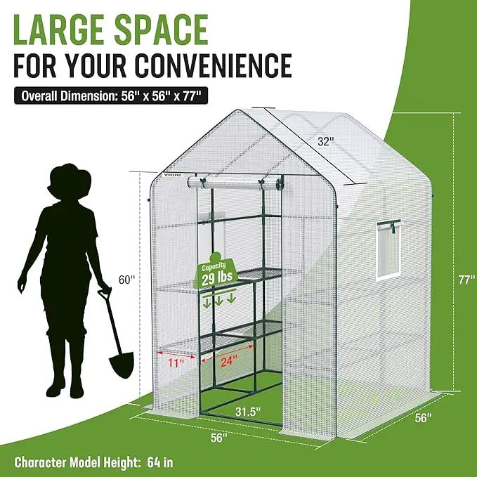 WORKPRO Greenhouse, 56” x 56” x 77” Heavy Duty Walk in Greenhouses for Outdoors with Screen Windows, Thicken PE Cover, 3 Tier 8 Shelves Portable Green House Kit for Patio, Backyard and Porch by GreenHaven Gardens