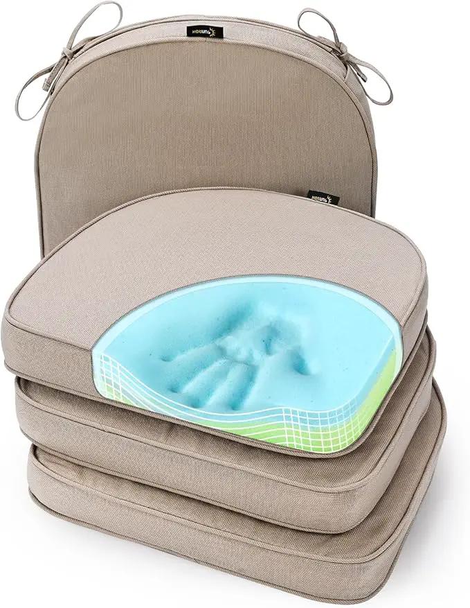 SUNROX Gel Memory Foam Chair Cushions, FadeShield Water-, Stain-Resistant Durable Reversible Seat Cushion Pads with Ties for Indoor/Outdoor Kitchen Dining Office, 19"x19", Set of 4, Husk Birch by GreenHaven Gardens