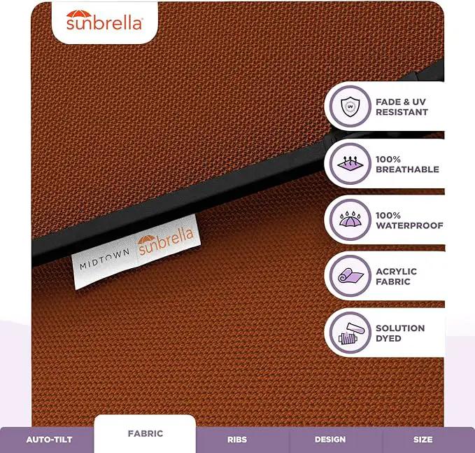 Midtown Umbrellas Sunbrella Umbrella 9 Feet Outdoor Umbrella With Terracotta Acrylic Fabric - Auto-Tilt Aluminum Frame Patio Umbrella For Backyard, Deck, Garden, Pool - Black Pole by GreenHaven Gardens