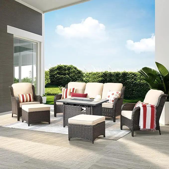 ovios 6 Pieces Patio Furniture Set with 42" Fire Pit Table, Outdoor Wicker Sofa with Ottomans, Comfy Cushions, High Back Couch Conversation Set, Brown Rattan, Beige by GreenHaven Gardens