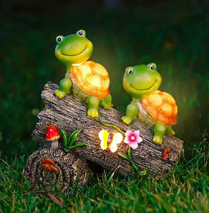 Garden Turtle Figurines Outdoor Decorations, Solar Powered Sweet Frog Face Turtles Resin Statue with 4 LED Lights, Garden Art Spring Fall Winter Christmas Decor for Patio Lawn Yard by GreenHaven Gardens