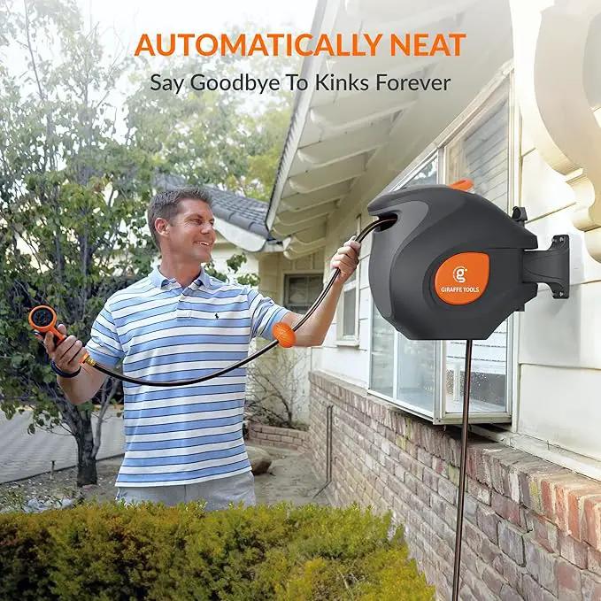 Giraffe Tools BW35 Retractable Garden Hose Reel | Wall-Mounted, Automatic Rewind, 100ft 1/2" Hose with 9-Pattern Spray Nozzle | Outdoor, Lawn, Garden & Car Cleaning Use by GreenHaven Gardens