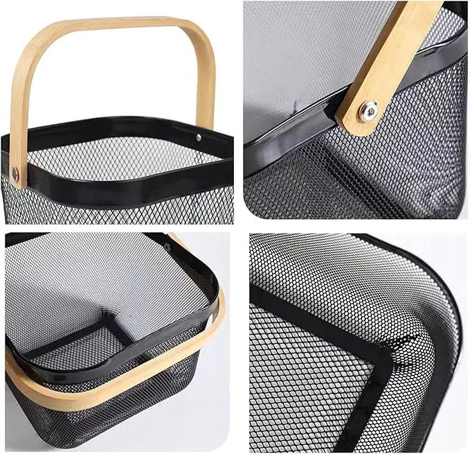 Metal Mesh Steel Basket, Storage Organizer Basket Multi-functional Hanging Kitchen Baskets Fruit Basket Bin with Bamboo Handle for Kitchen Bathroom Picnic Shopping Decor Cabinet Home, Black by GreenHaven Gardens