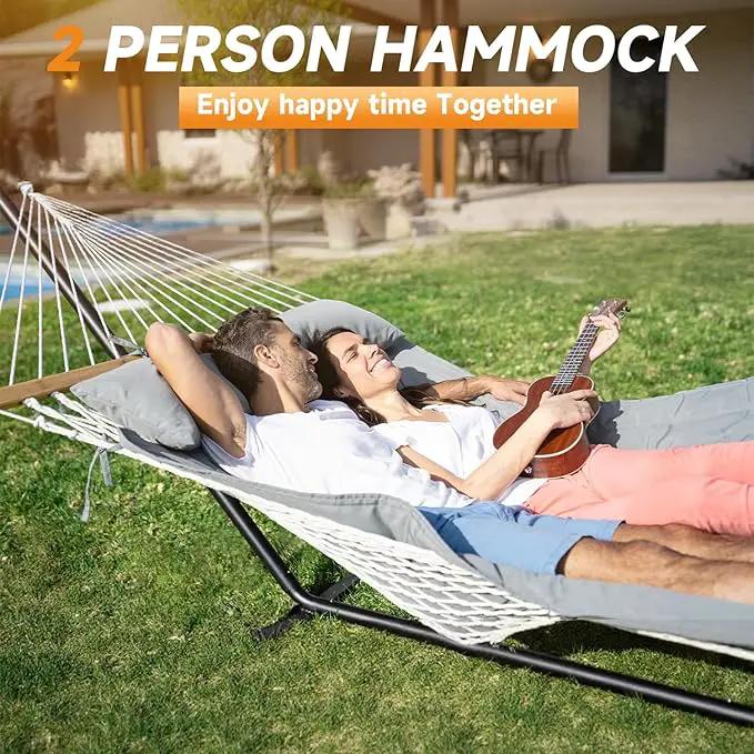 2 Person Outdoor Hammock with Stand, Cotton Rope Hammock with Polyester Pad, Adjustable Steel Frame, Portable with Carrying Bag – for Patio, Backyard, Garden, Beach, Urban-Gray by GreenHaven Gardens