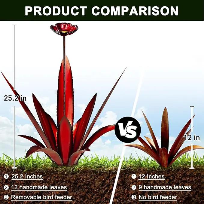 Upgraded Large Metal Yard Art, Metal Agave Plant Yard Decorations Outdoor Sculpture, Metal Flowers for Outside, Waterproof Outdoor Garden Decor (Red + Bird Feeder) by GreenHaven Gardens