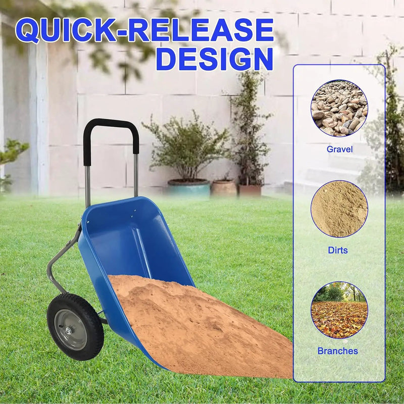 Dual Wheel Wheelbarrow, Heavy Duty Garden Cart, 300 lbs Capacity Utility Cart with Two 15 inches Pneumatic Tires for Outdoor Lawn Yard Farm Ranch (Blue) by GreenHaven Gardens