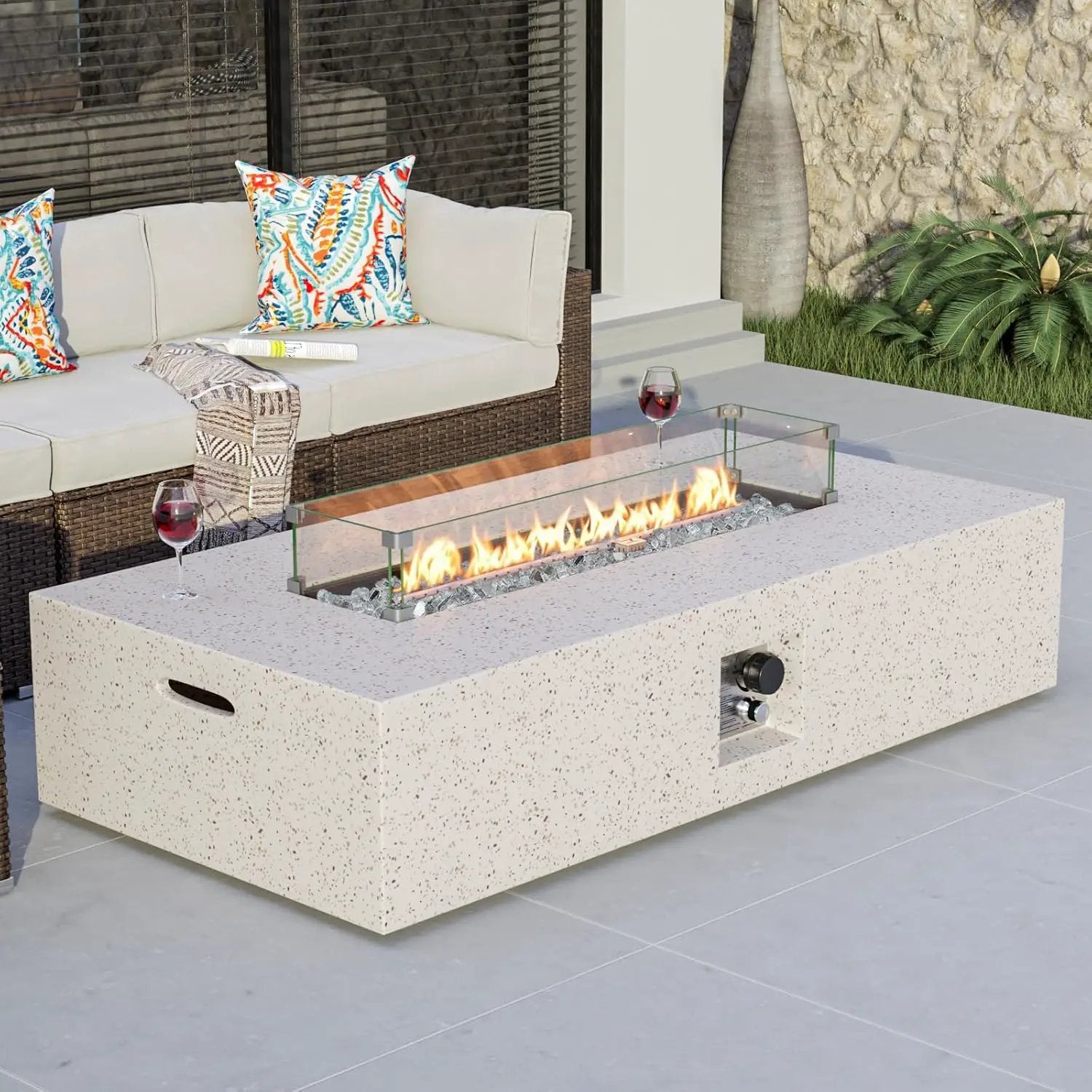 COSIEST Outdoor Propane Fire Pit Table, 56" x 28" Rectangle Terrazzo White Concrete-Like Finish, CSA Certified, 50,000 BTU Stainless Steel Burner w Transparent Gray Fire Glass, Wind Guard, Raincover by GreenHaven Gardens