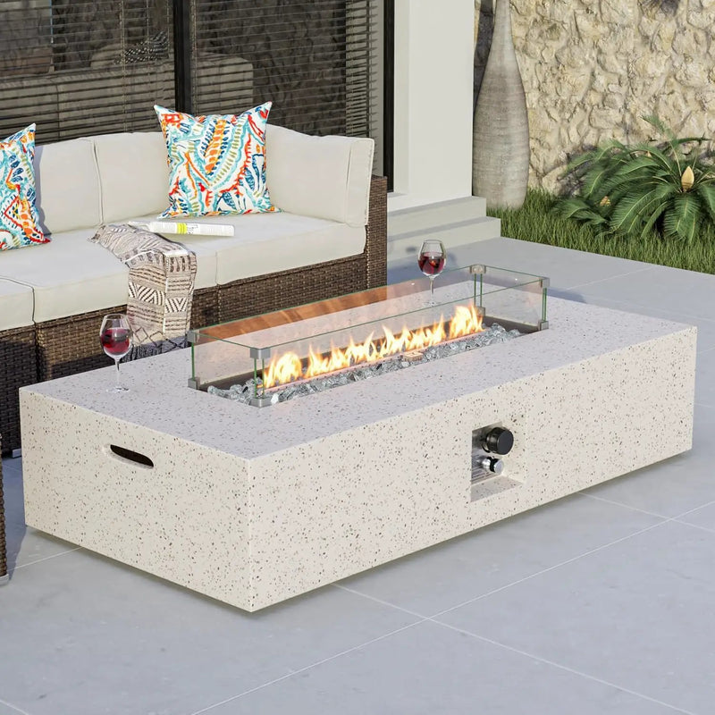 COSIEST Outdoor Propane Fire Pit Table, 56" x 28" Rectangle Terrazzo White Concrete-Like Finish, CSA Certified, 50,000 BTU Stainless Steel Burner w Transparent Gray Fire Glass, Wind Guard, Raincover by GreenHaven Gardens