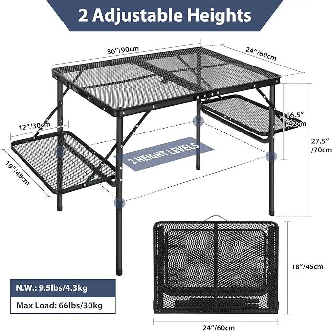 REDCAMP 36x24 Folding Grill Table for Outside with 2 Side Tables, Lightweight Portable Metal Aluminum Outdoor Grill Table with Adjustable Height Legs, Great for Camping Picnic Cooking BBQ, Black 3ft by GreenHaven Gardens