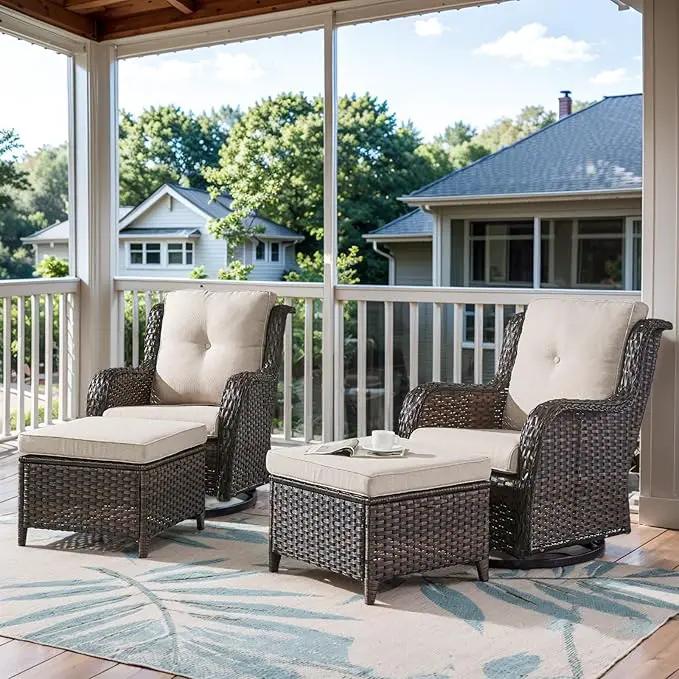4 Pieces Patio Furniture Sets, Wicker Patio Swivel Glider Chair with Ottomans, Outdoor Furniture Set for Outside Porch, Deck, Balcony, Garden Brown by GreenHaven Gardens