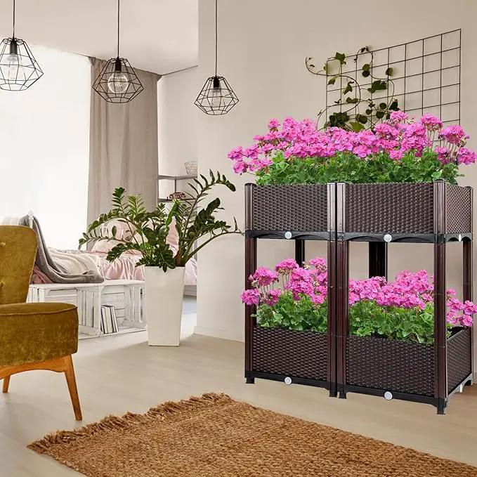 MAYOLIAH Raised Garden Bed with Drainage Elevated Planter Box Plastic Raised Beds for Gardening Vegetables Herb Flowers, Perfect for Indoor Outdoor Planting, 4 Boxes Brown by GreenHaven Gardens