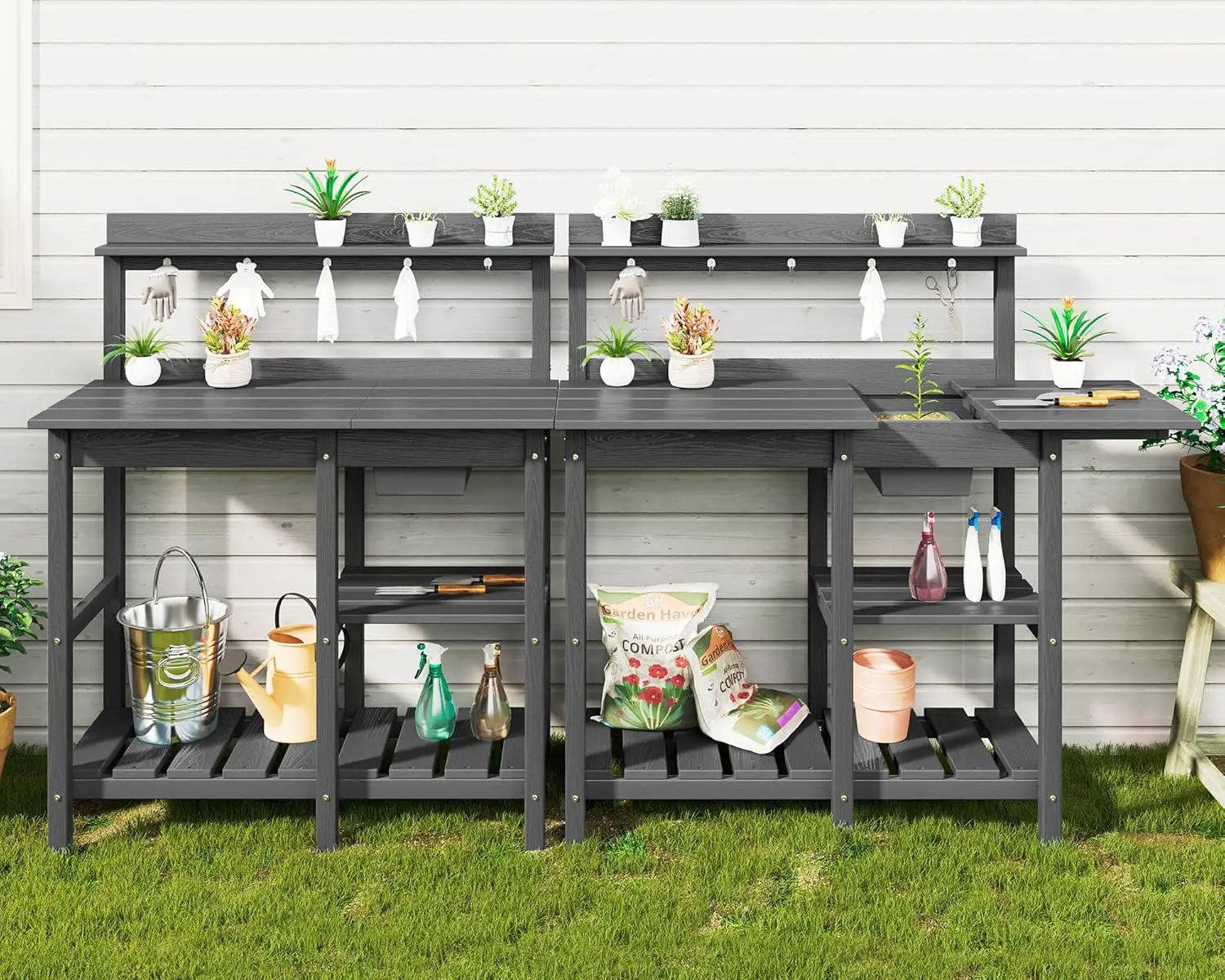 SERWALL Potting Bench Set of 2 Outdoor Potting Table with Sink, HDPE Potting Benches for Outside Gardening Table All Weather Use- Gray by GreenHaven Gardens