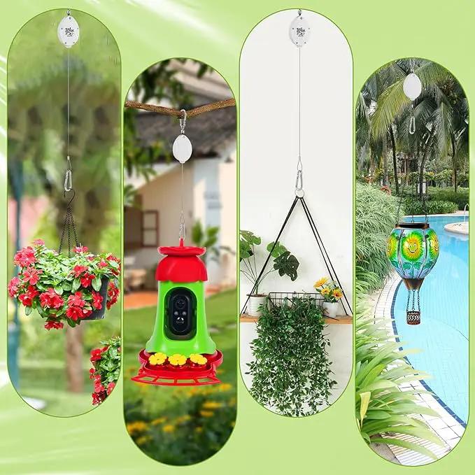 Plant Pulleys for Hanging Plants, Heavy Duty Retractable Hangers, 304 Stainless Steel Rope, Auto Plant Holder, Adjustable Climbing Hook for Garden Baskets Watering, or Bird Feeders (White-4) by GreenHaven Gardens