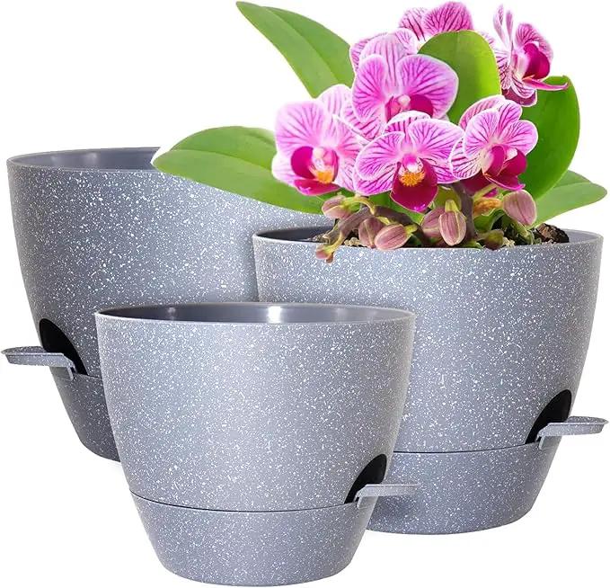 Big Self Watering Pots 12/10/9 inch, Planter, Plant Pots with Mesh Drainage Holes for Indoor Outdoor Garden Plants, Plastic Flower Pots with Removable Deep Reservoir, Speckled Grey by GreenHaven Gardens