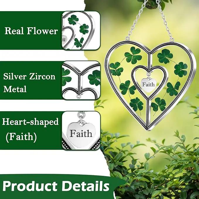 KY&BOSAM Shamrock Heart Suncatcher Faith Suncatcher St Patrick's Day Decoration Grandma Gifts for Windows Hangings Wind Chime with Pressed Flower Gifts for Mom Mother`s Day Valentine's