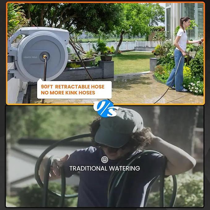 Giraffe Tools Retractable Garden Hose Reel, 5/8 in x 90 ft Heavy Duty Hose Reel With 9 Pattern Nozzle, Any Length Lock, Wall Mount Water Hose Reel, 180°Swivel, Light Grey by GreenHaven Gardens
