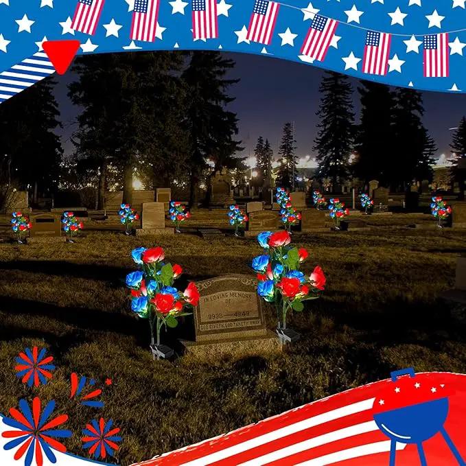 Woanger 4 Pcs Solar Flowers Cemetery Grave Decorations Outdoor LED Flower Lights with 6 Rose Powered Garden Stake Lights Waterproof for Independence Day Grave Decorations (Red, Blue) by GreenHaven Gardens
